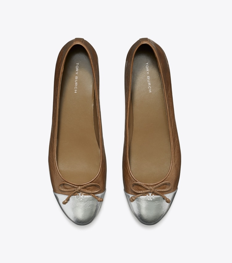 Tory Burch designer flats Cap-Toe Ballet in WILD MUSHROOM / SILVER overhead