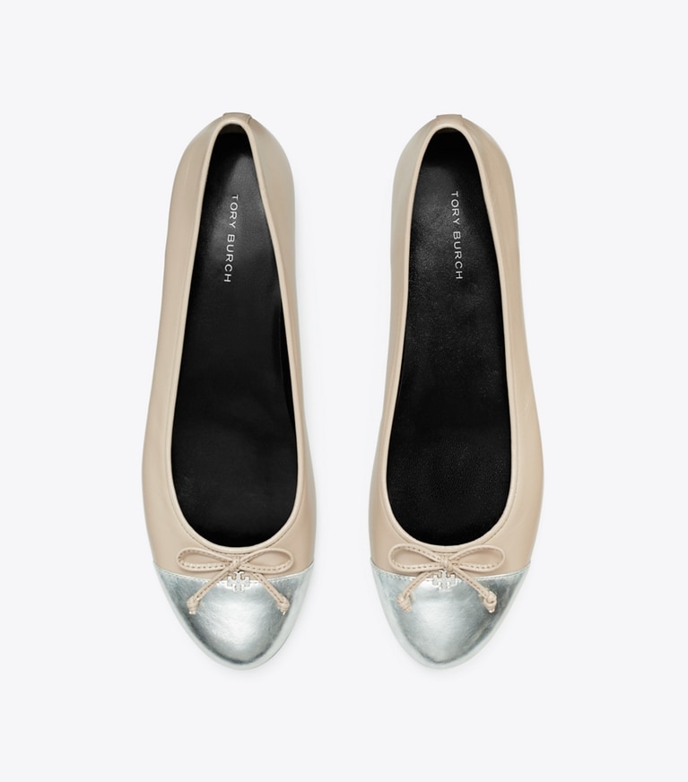 Tory Burch designer flats Cap-Toe Ballet in OYSTER / SILVER angle