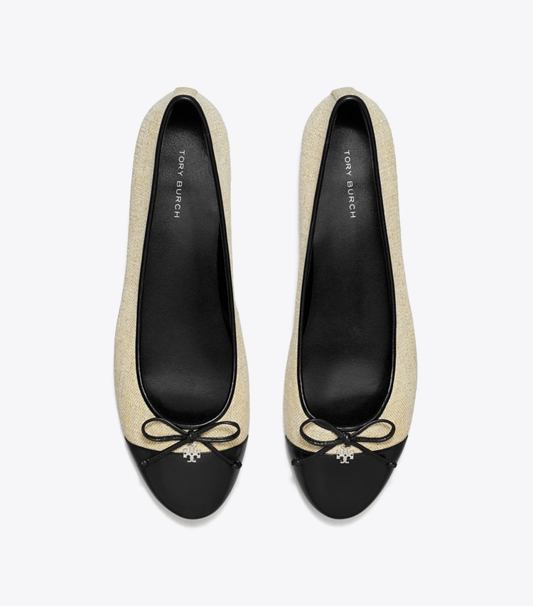 Tory Burch designer flats Cap-Toe Ballet in WILD WHEAT / PERFECT BLACK overhead