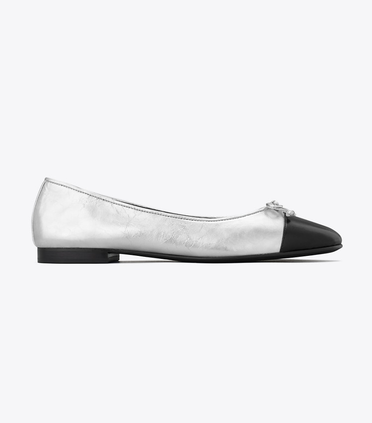 Tory Burch designer flats Cap-Toe Ballet in SILVER / PERFECT BLACK side