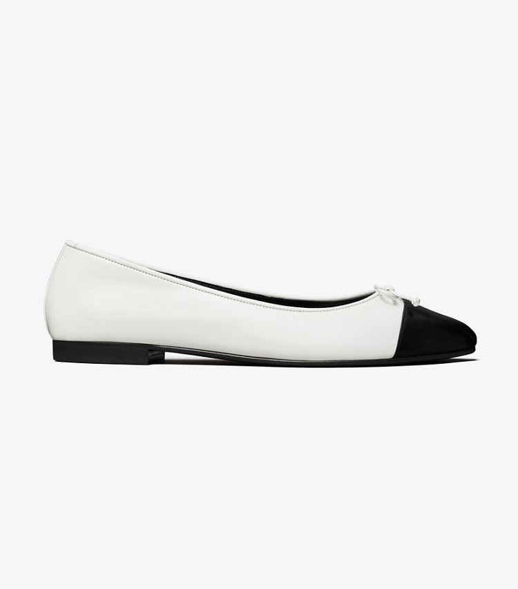 Tory Burch designer flats Cap-Toe Ballet in CLOUD / PERFECT BLACK side