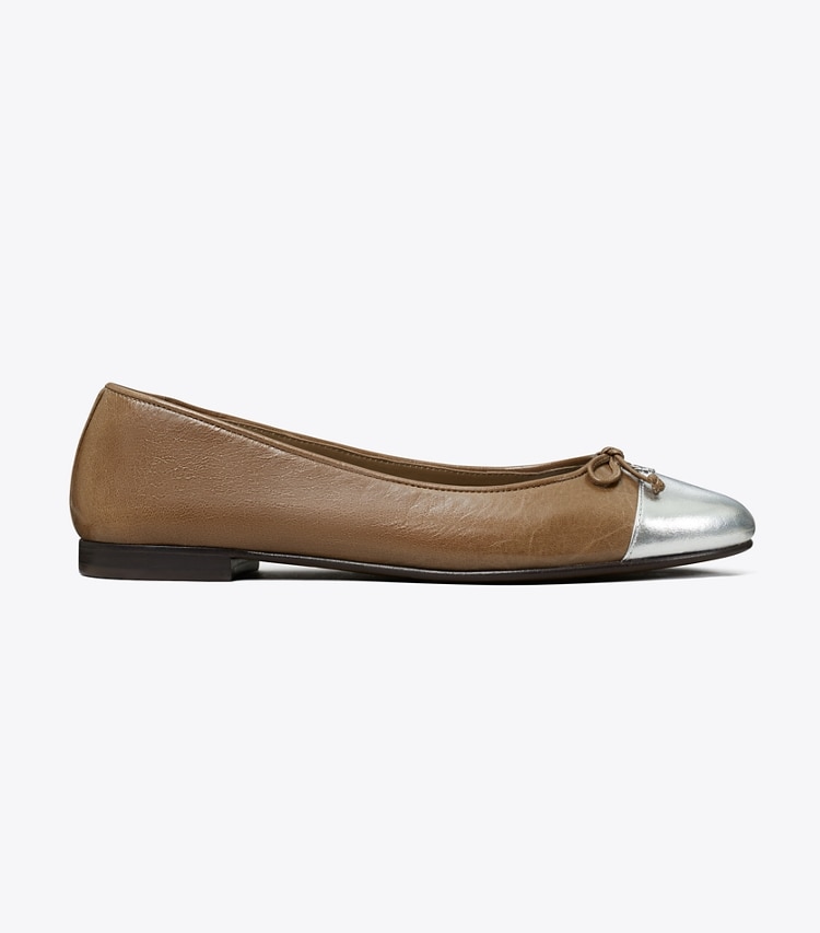 Tory Burch designer flats Cap-Toe Ballet in WILD MUSHROOM / SILVER side