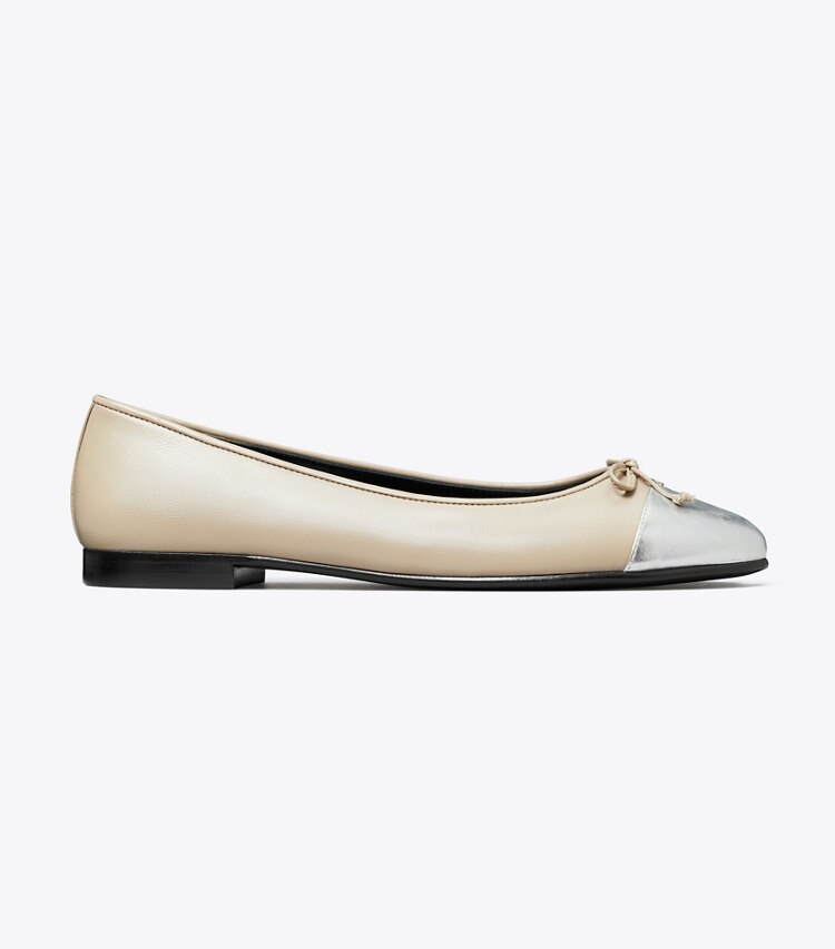 Tory Burch designer flats Cap-Toe Ballet in OYSTER / SILVER side