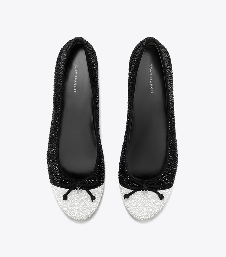 Tory Burch designer flats Cap-Toe Crystal Ballet in PERFECT BLACK / OPTIC WHITE overhead