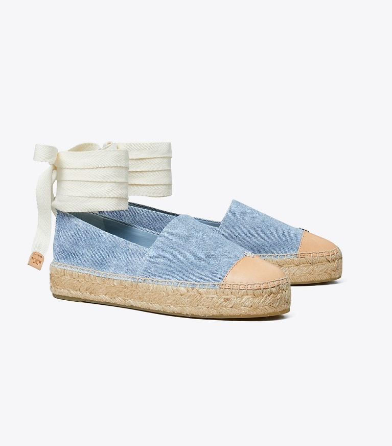 Tory Burch designer espadrilles Cap-Toe Espadrille in BLUE CLOUD / BRUSHED ALMOND angle