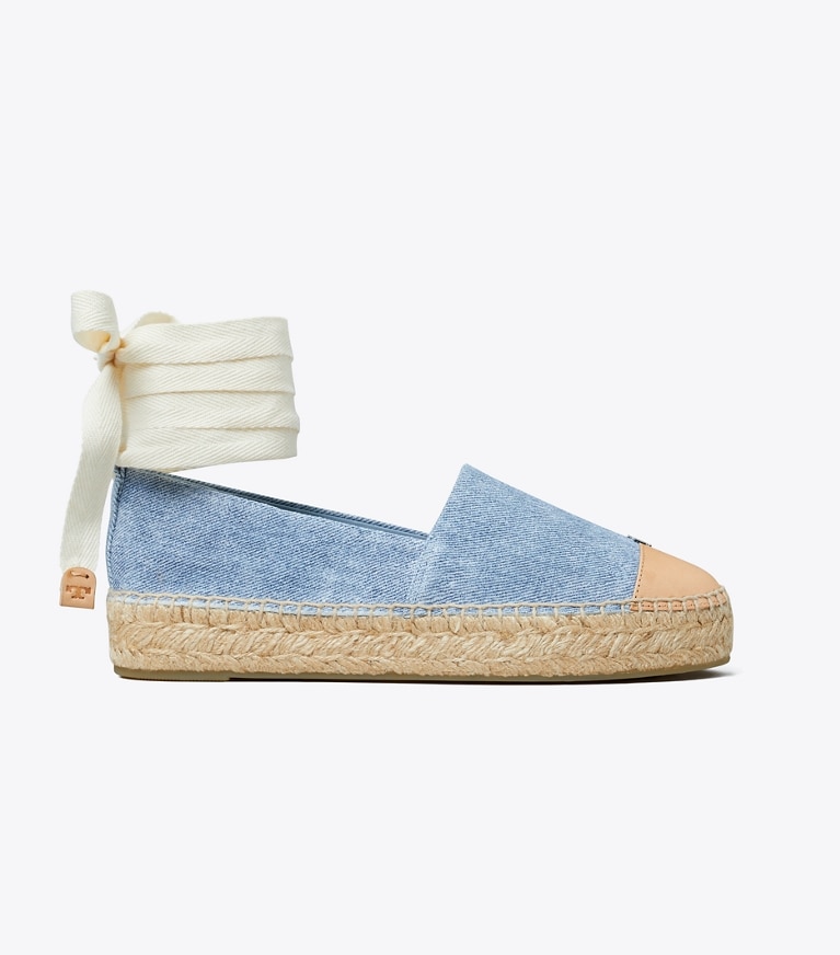 Tory Burch designer espadrilles Cap-Toe Espadrille in BLUE CLOUD / BRUSHED ALMOND angle