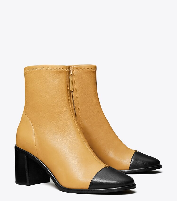 Tory Burch designer ankle boots Cap-Toe Heeled Ankle Boot in GINGER SHORTBREAD / PERFECT BLACK angle