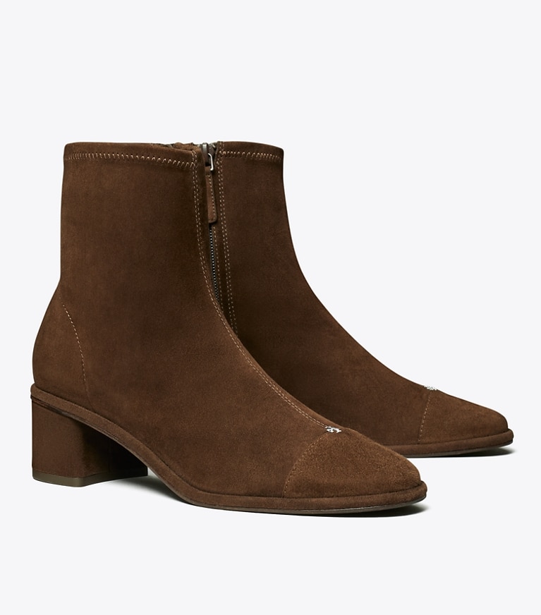 Tory Burch designer ankle boots Cap-Toe Heeled Ankle Boot in DARK COCOA / DARK COCOA angle