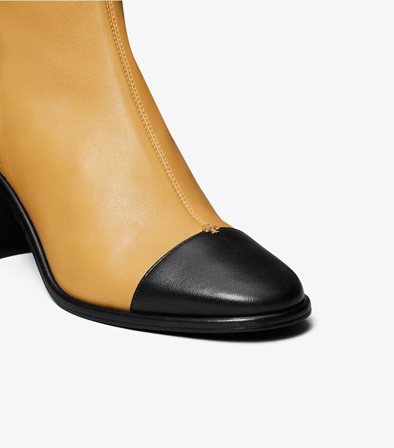 Tory Burch designer ankle boots Cap-Toe Heeled Ankle Boot in GINGER SHORTBREAD / PERFECT BLACK detail