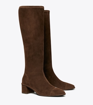 Tory Burch designer knee boots Cap-Toe Knee-High Boot in DARK COCOA angle