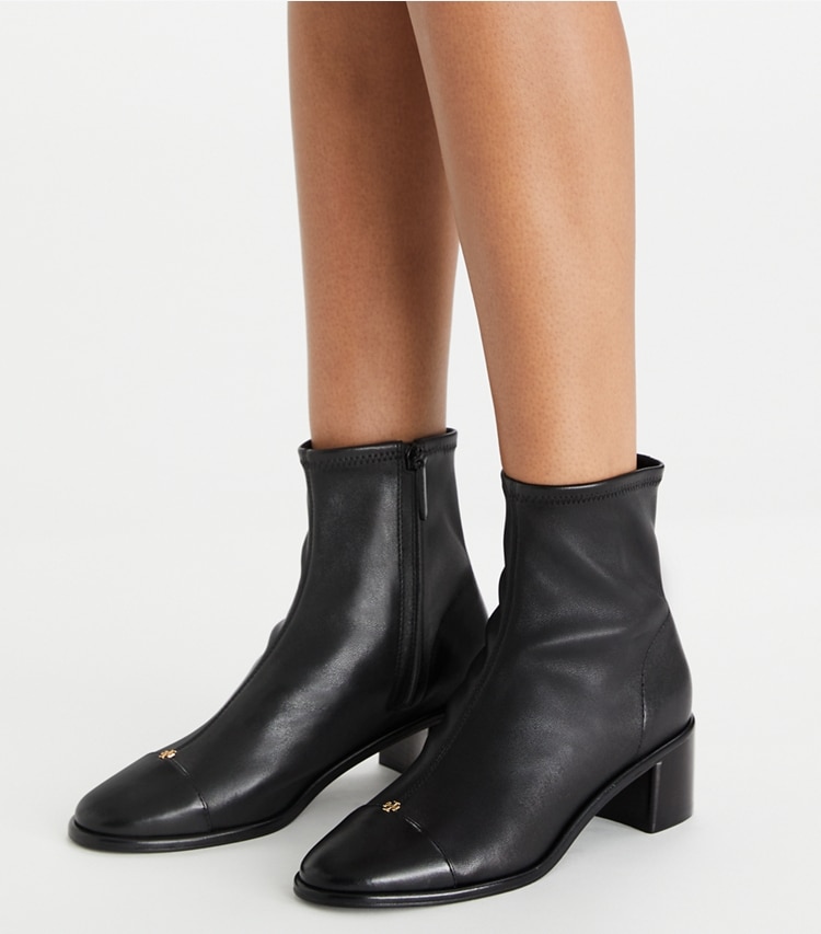 Tory Burch designer ankle boots Cap-Toe Low-Heel Ankle Boot in PERFECT BLACK / PERFECT BLACK accessory on model