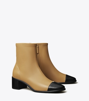 Tory Burch designer ankle boots Cap-Toe Low-Heel Ankle Boot in GINGER SHORTBREAD / PERFECT BLACK angle