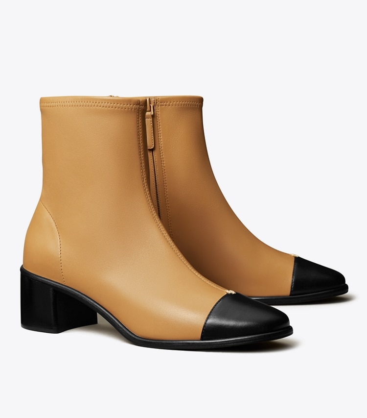 Tory Burch designer ankle boots Cap-Toe Low-Heel Ankle Boot in GINGER SHORTBREAD / PERFECT BLACK angle