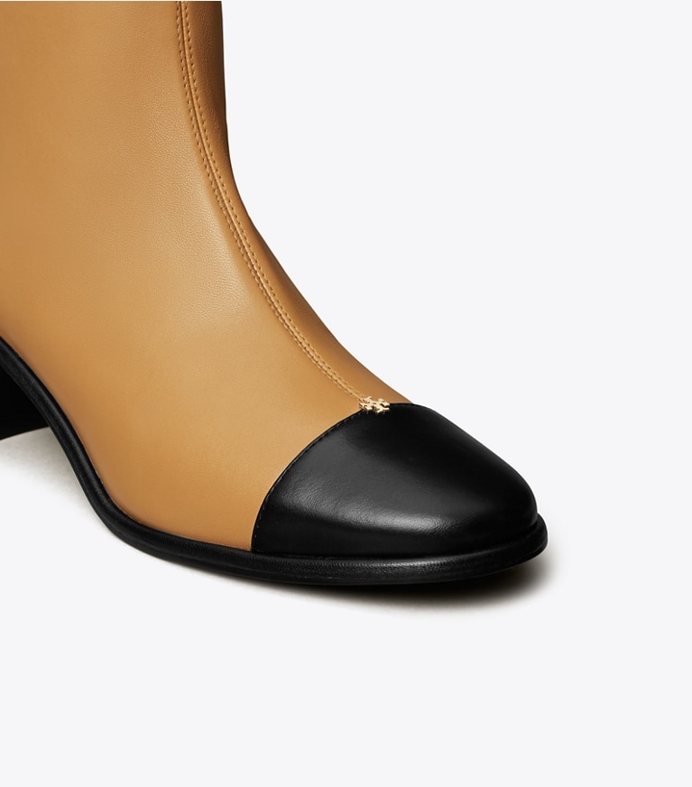 Tory Burch designer ankle boots Cap-Toe Low-Heel Ankle Boot in GINGER SHORTBREAD / PERFECT BLACK angle