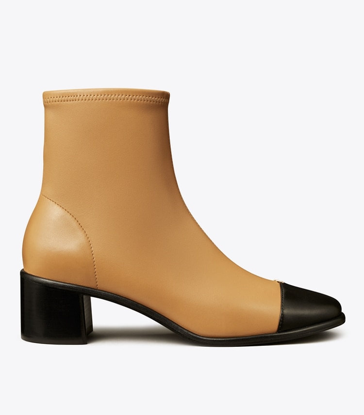 Tory Burch designer ankle boots Cap-Toe Low-Heel Ankle Boot in GINGER SHORTBREAD / PERFECT BLACK side