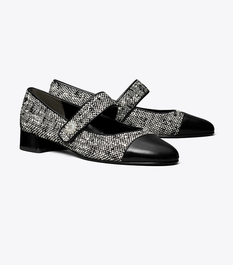 Tory Burch designer フラット キャップトゥ メリージェーン ワイド in BLACK / IVORY angle
