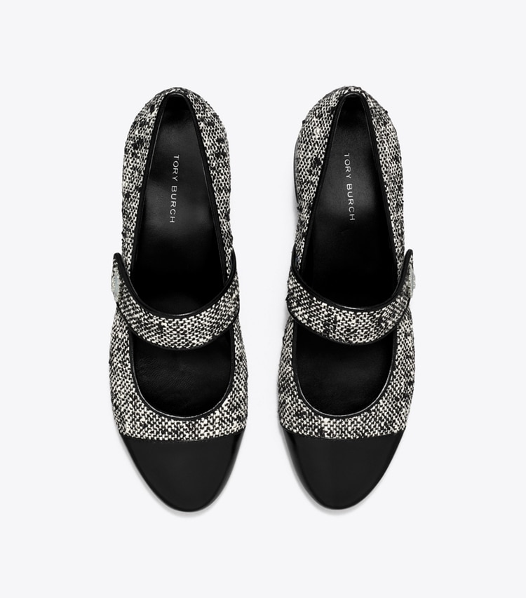 Tory Burch designer フラット キャップトゥ メリージェーン ワイド in BLACK / IVORY オーバーヘッド