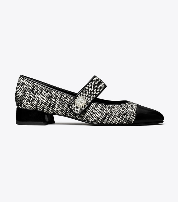 Tory Burch designer フラット キャップトゥ メリージェーン ワイド in BLACK / IVORY side