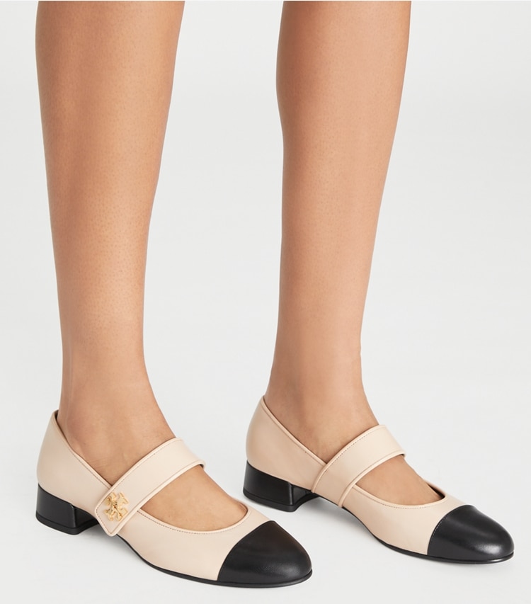 Tory Burch designer flats Cap-Toe Mary Jane in ROSE SILK / PERFECT BLACK accessory on model