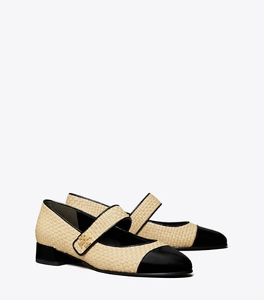 Tory Burch designer flats Cap-Toe Mary Jane in NATURAL / PERFECT BLACK angle