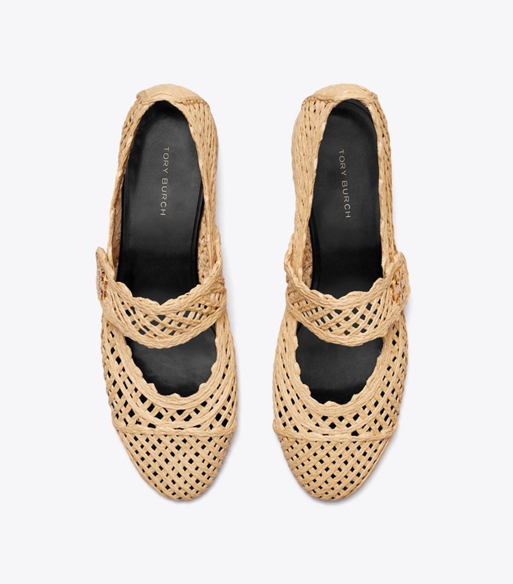 Tory Burch designer フラット キャップトゥ メリージェーン ヒールバレエ in NATURAL オーバーヘッド