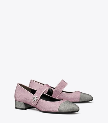 Tory Burch designer フラット キャップトゥ メリージェーン パヴェ ヒールバレエ ワイド in GRAY STONE / SPARKLE PINK angle