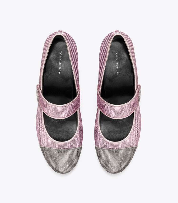 Tory Burch designer フラット キャップトゥ メリージェーン パヴェ ヒールバレエ ワイド in GRAY STONE / SPARKLE PINK オーバーヘッド