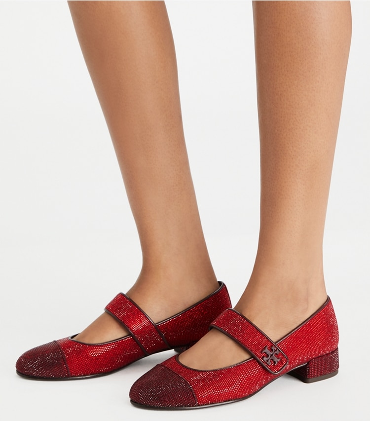 Tory Burch designer flats Cap-Toe Mary Jane Pavé Heeled Ballet in RUBY / PLUM accessory on model