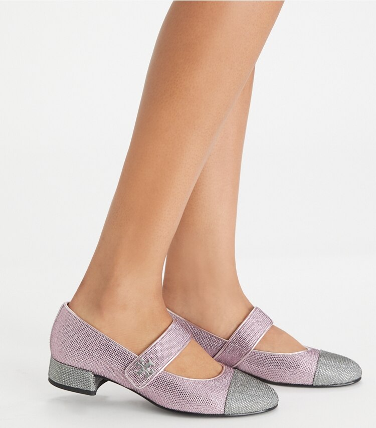Tory Burch designer flats Cap-Toe Mary Jane Pavé Heeled Ballet in GRAY STONE / SPARKLE PINK accessory on model