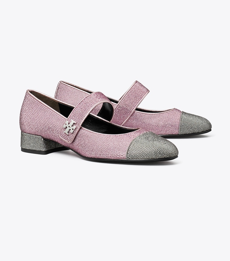 Tory Burch designer flats Cap-Toe Mary Jane Pavé Heeled Ballet in GRAY STONE / SPARKLE PINK angle