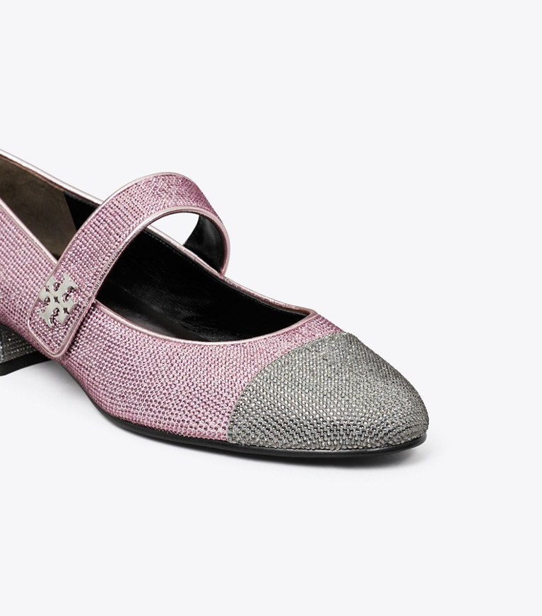 Tory Burch designer flats Cap-Toe Mary Jane Pavé Heeled Ballet in GRAY STONE / SPARKLE PINK angle