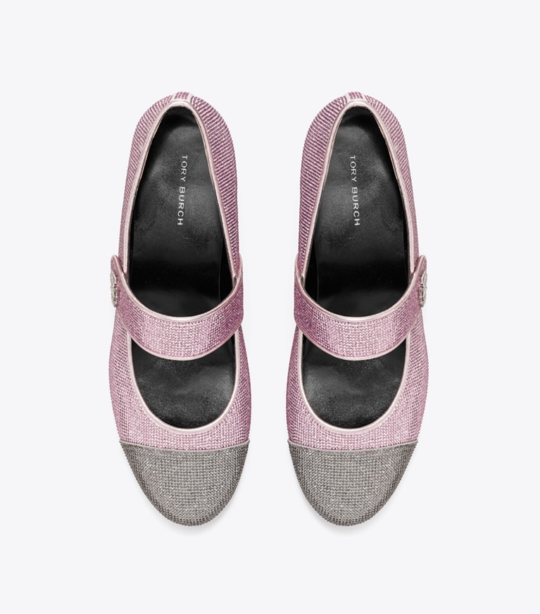 Tory Burch designer flats Cap-Toe Mary Jane Pavé Heeled Ballet in GRAY STONE / SPARKLE PINK angle