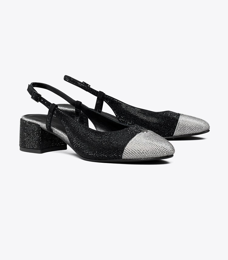 Tory Burch designer heels Cap-Toe Pavé Slingback in PERFECT BLACK / SILVER angle