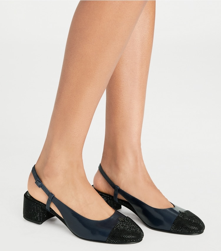 Tory Burch designer heels Cap-Toe Pavé Slingback Pump in NEW NAVY / PERFECT BLACK accessory on model