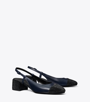 Tory Burch designer heels Cap-Toe Pavé Slingback Pump in NEW NAVY / PERFECT BLACK angle