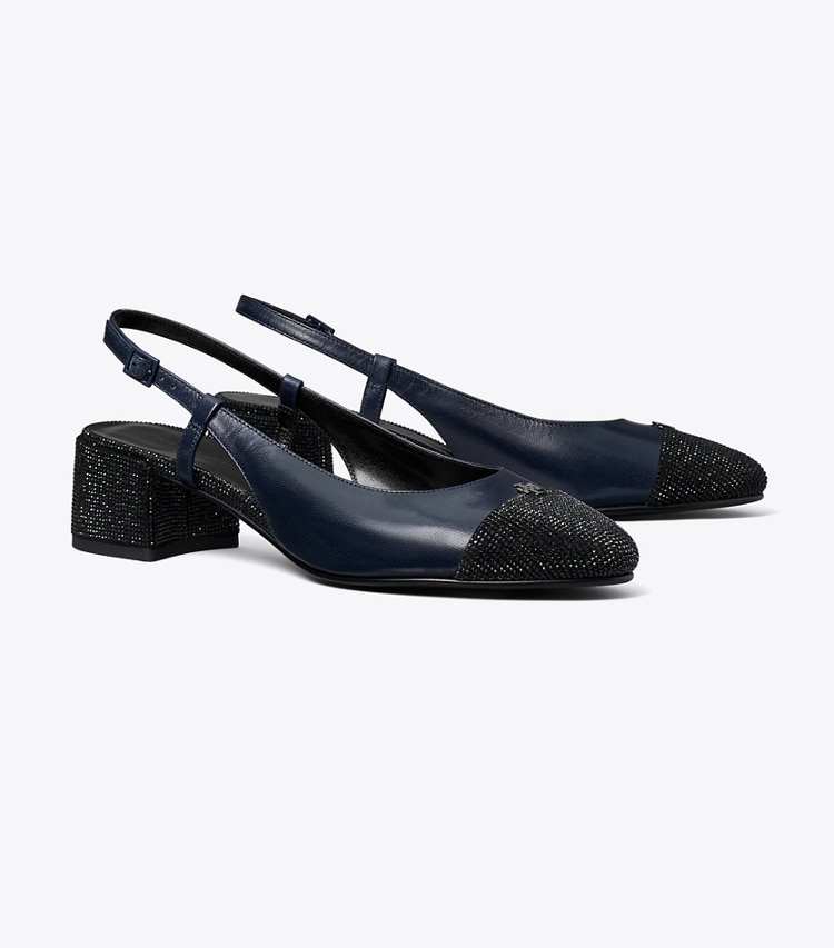 Tory Burch designer heels Cap-Toe Pavé Slingback Pump in NEW NAVY / PERFECT BLACK angle