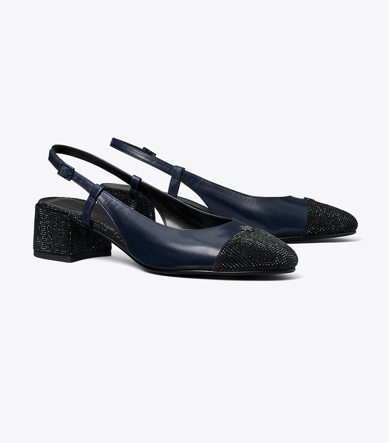 Tory Burch designer heels Cap-Toe Pavé Slingback Pump in NEW NAVY / PERFECT BLACK angle