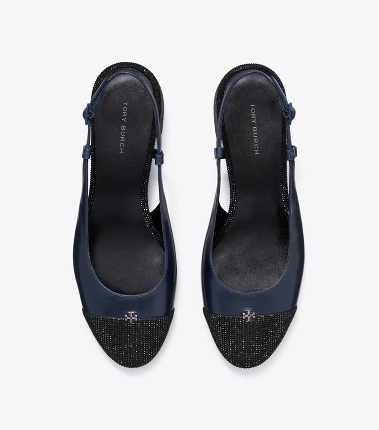 Tory Burch designer heels Cap-Toe Pavé Slingback Pump in NEW NAVY / PERFECT BLACK angle