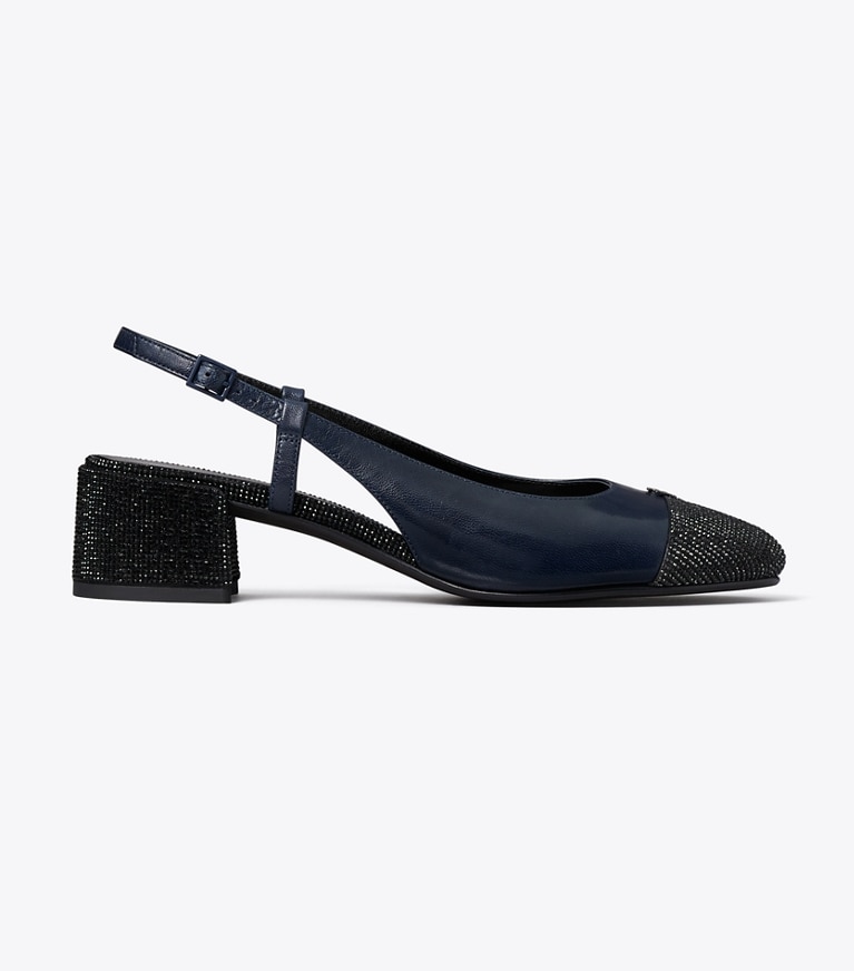Tory Burch designer heels Cap-Toe Pavé Slingback Pump in NEW NAVY / PERFECT BLACK angle