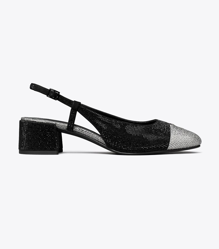 Tory Burch designer heels Cap-Toe Pavé Slingback in PERFECT BLACK / SILVER side