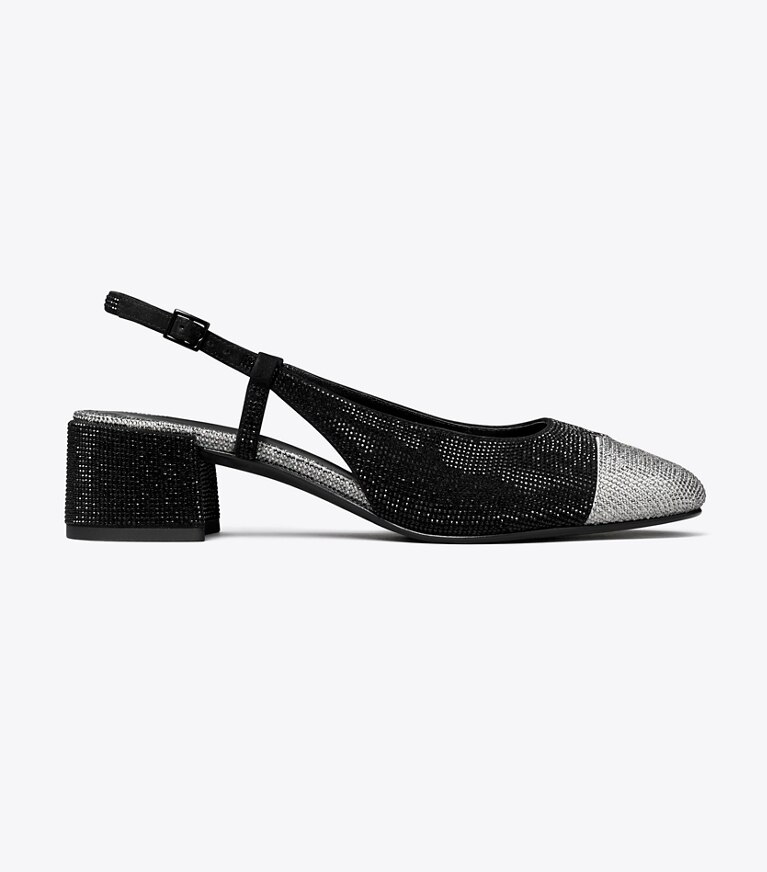 Tory Burch designer heels Cap-Toe Pavé Slingback in PERFECT BLACK / SILVER side