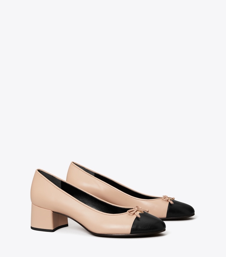 Tory Burch designer heels Cap-Toe Pump in ROSE PINK / PERFECT BLACK angle