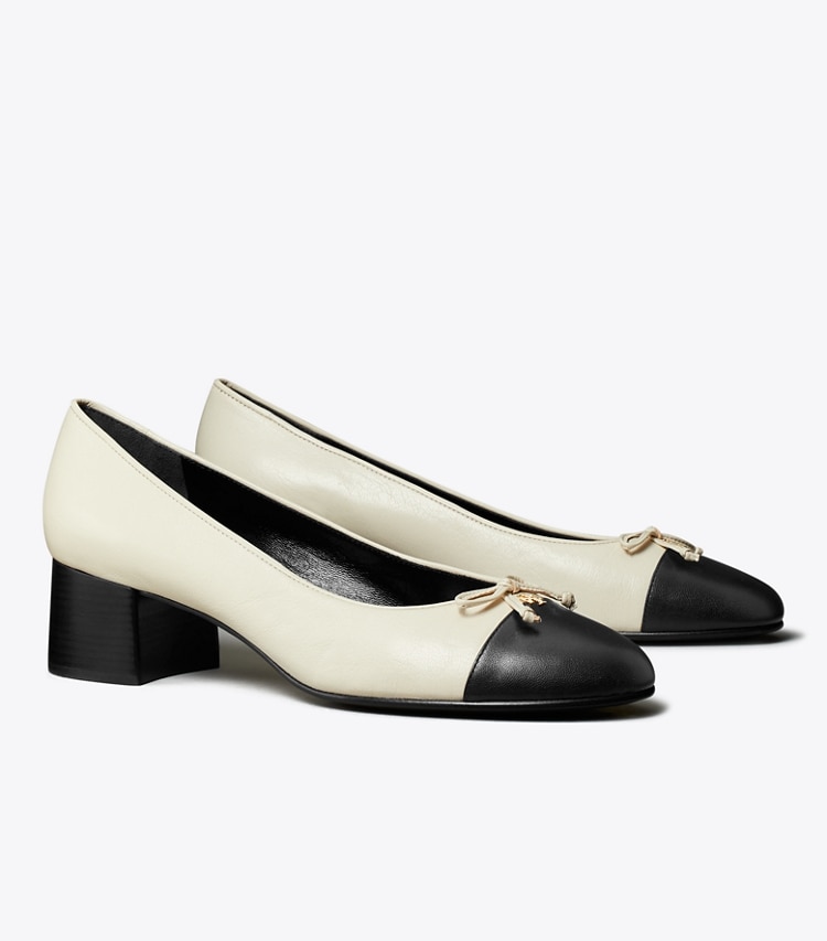 Tory Burch designer heels Cap-Toe Pump in LIGHT CREAM / PERFECT BLACK angle
