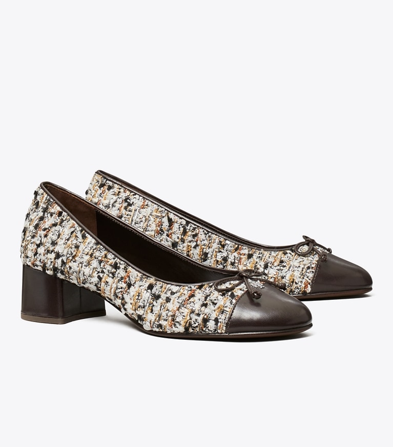 Tory Burch designer heels Cap-Toe Pump in GRANOLA MULTI / PERFECT BLACK angle