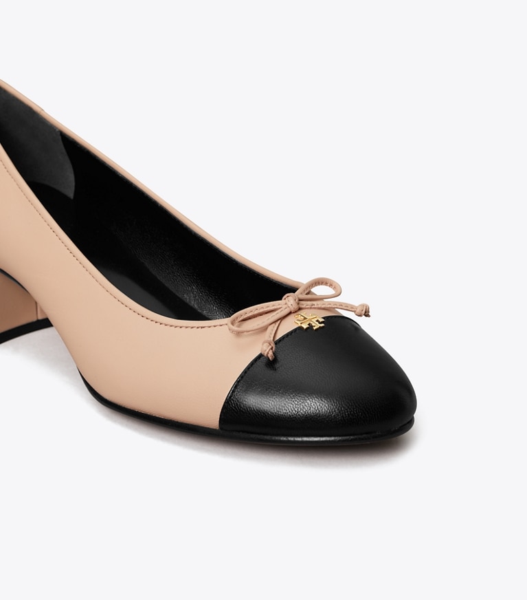 Tory Burch designer heels Cap-Toe Pump in ROSE PINK / PERFECT BLACK angle