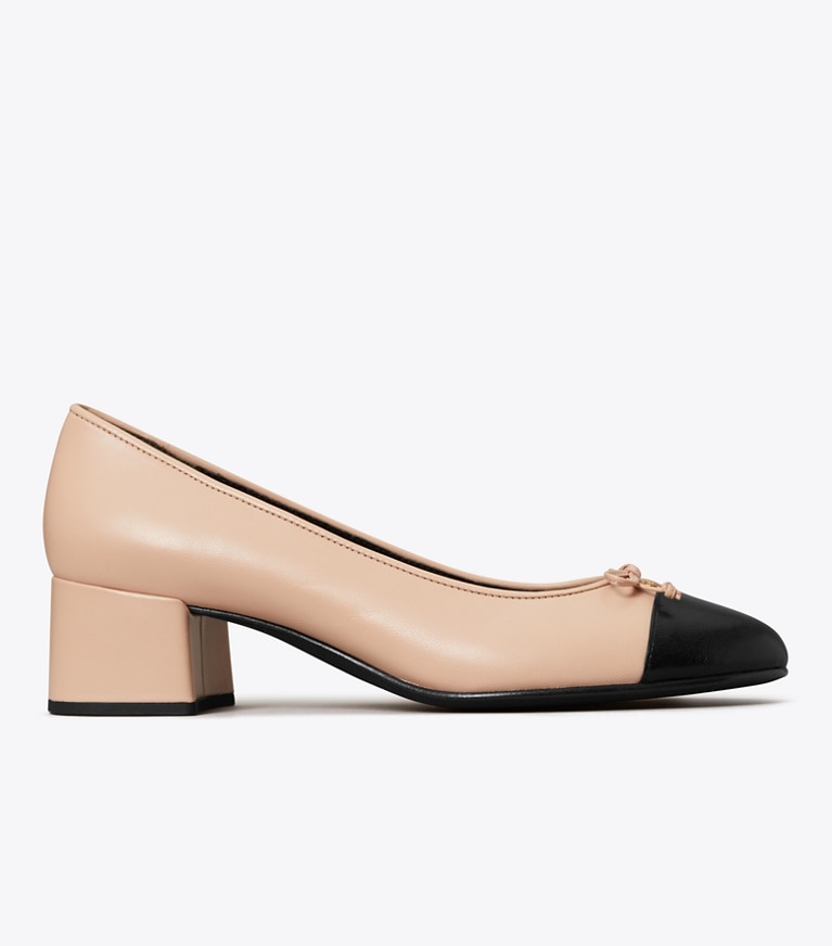 Tory Burch designer heels Cap-Toe Pump in ROSE PINK / PERFECT BLACK angle