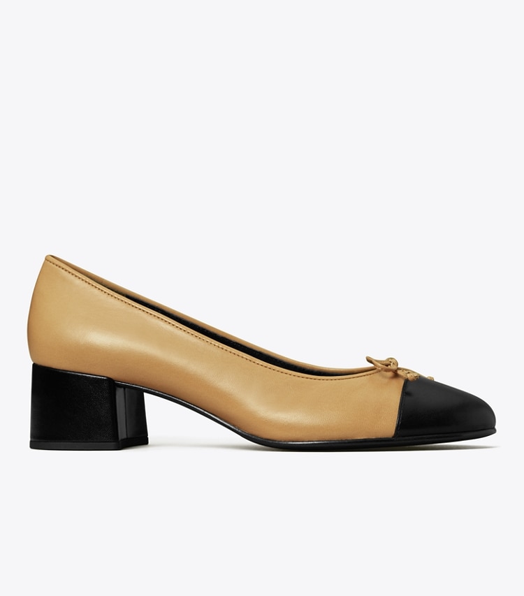 Tory Burch designer heels Cap-Toe Pump in GINGER SHORTBREAD / PERFECT BLACK side