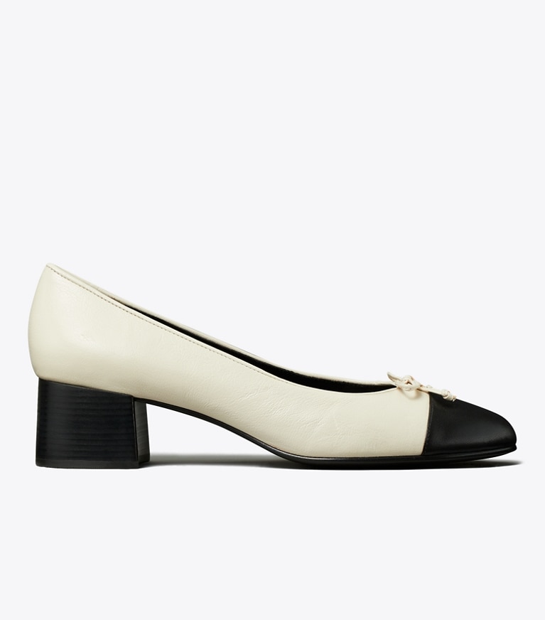Tory Burch designer heels Cap-Toe Pump in LIGHT CREAM / PERFECT BLACK angle