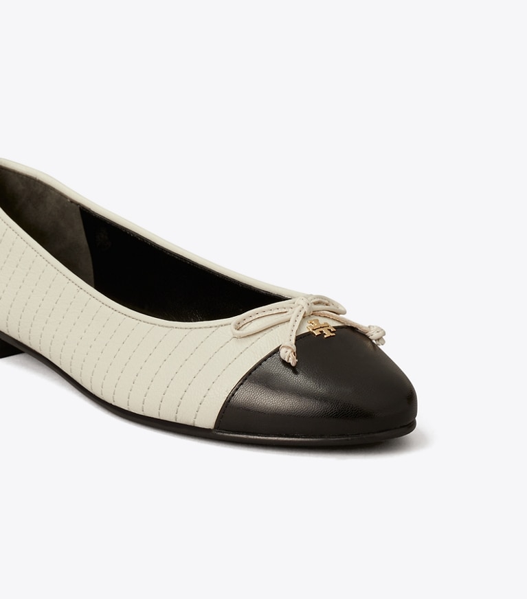 Tory Burch designer flats Cap-Toe Quilted Ballet in LIGHT CREAM / PERFECT BLACK angle