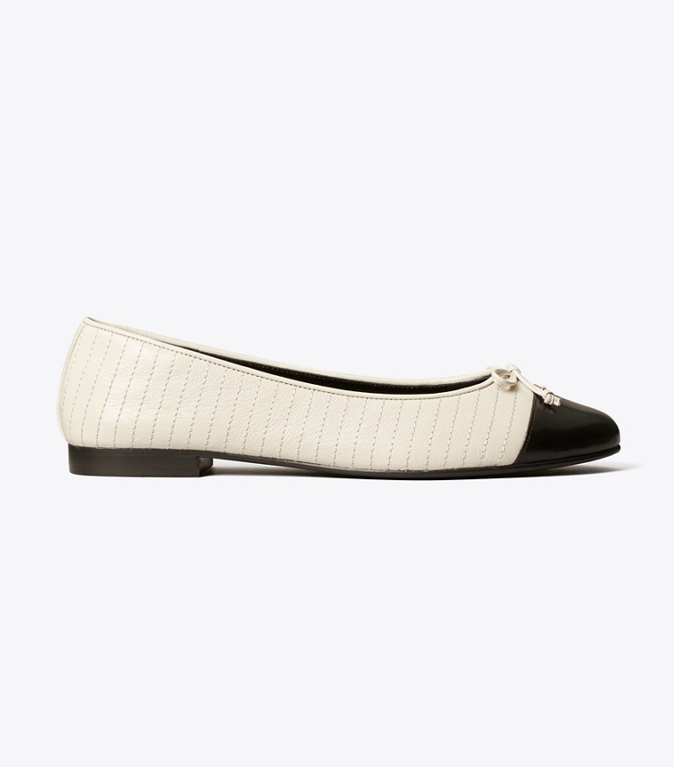 Tory Burch designer flats Cap-Toe Quilted Ballet in LIGHT CREAM / PERFECT BLACK side